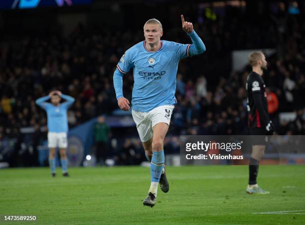 Erling Haaland of Manchester City celebrates scoring his fifth goal during the UEFA Champions League round of 16 leg two match between Manchester...