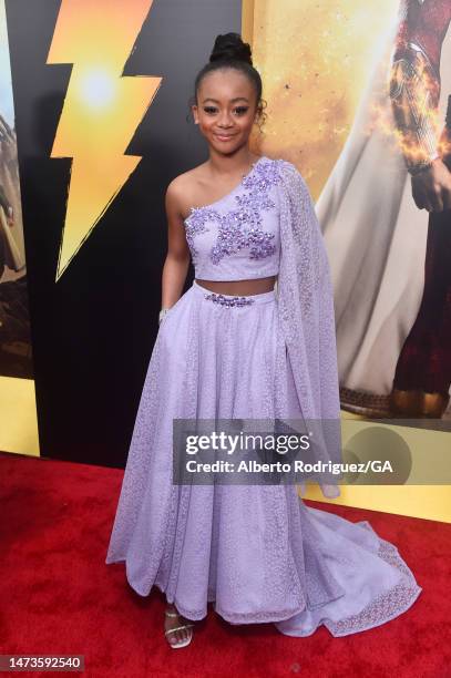 Faithe Herman attends the premiere of Warner Bros.' "Shazam! Fury Of The Gods" at Regency Village Theatre on March 14, 2023 in Los Angeles,...