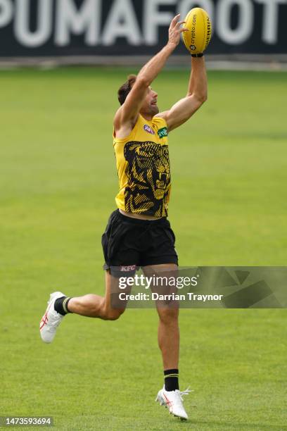 Toby Nankervis of the Tigers marks the ball during a Richmond Tigers AFL training session at Punt Road Oval on March 15, 2023 in Melbourne, Australia.