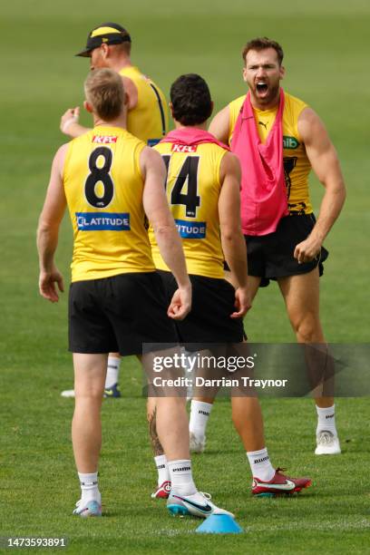 Noah Balta of the Tigers reacts during a Richmond Tigers AFL training session at Punt Road Oval on March 15, 2023 in Melbourne, Australia.