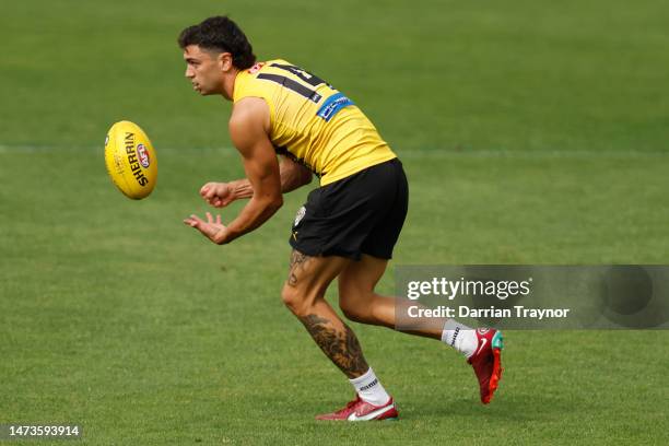 Tim Taranto of the Tigers kicks handballs during a Richmond Tigers AFL training session at Punt Road Oval on March 15, 2023 in Melbourne, Australia.