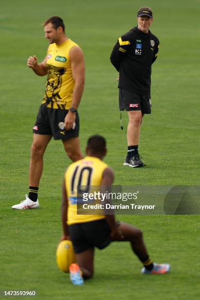Richmond senior coach, Damien Hardwick looks on during a Richmond Tigers AFL training session at Punt Road Oval on March 15, 2023 in Melbourne,...