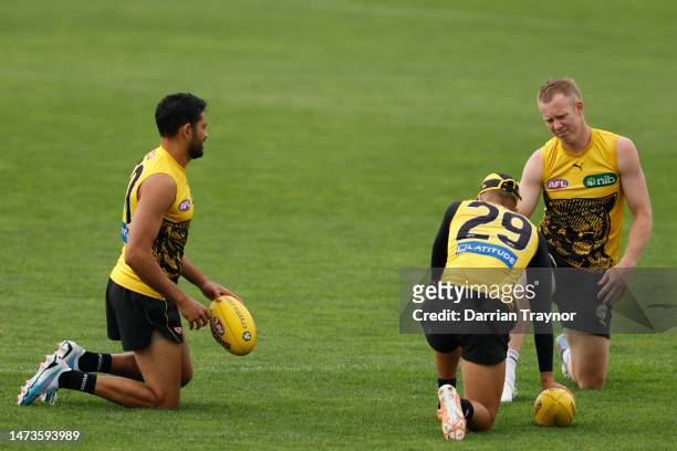 Jack Riewoldt of the Tigers warms up before a Richmond Tigers AFL training session at Punt Road Oval on March 15, 2023 in Melbourne, Australia.