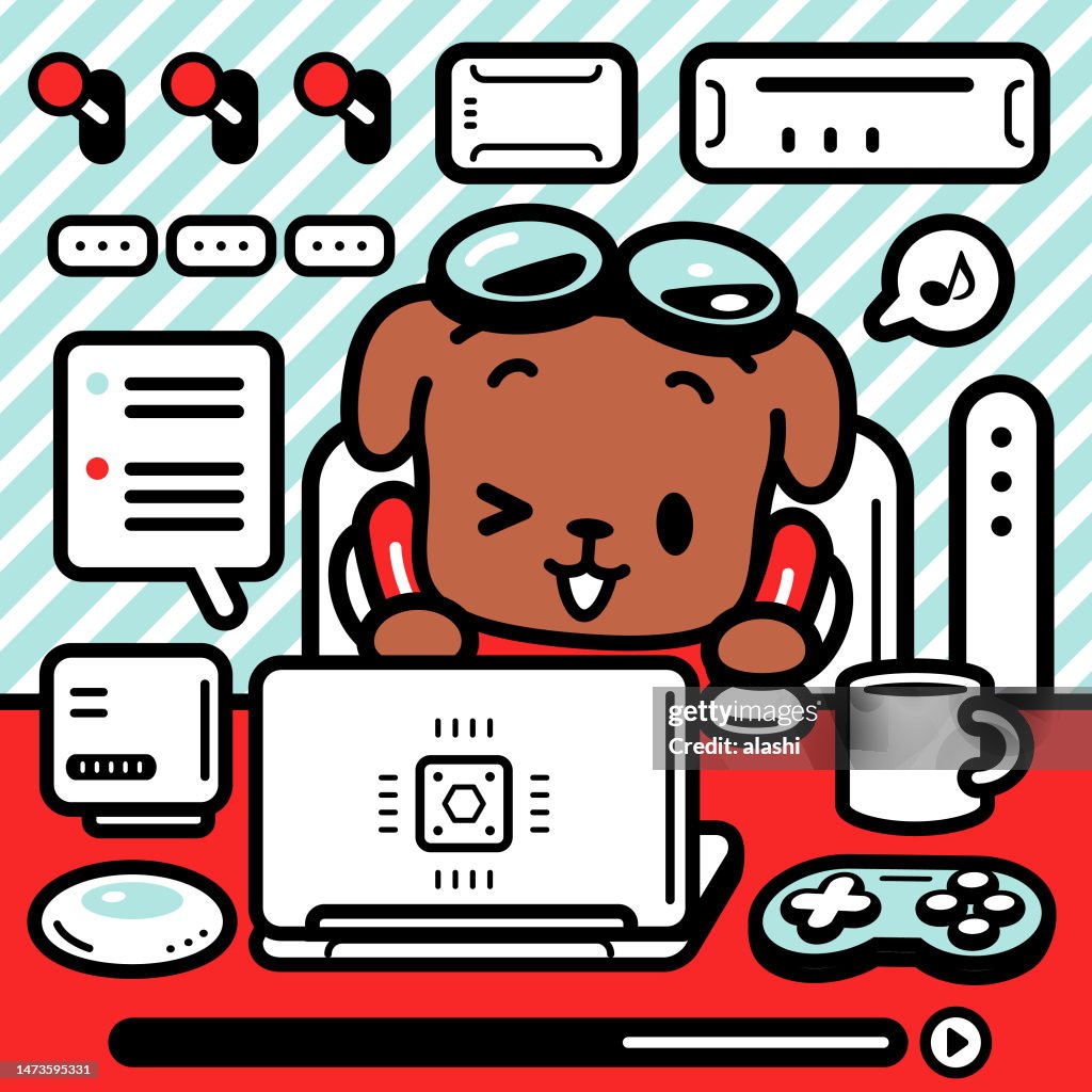 A cute labrador retriever dog sitting at a desk and using a laptop and interacting with artificial intelligence and enjoying technology