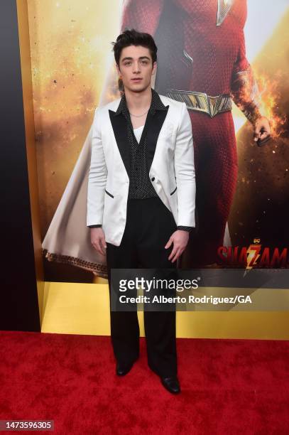 Asher Angel attends the premiere of Warner Bros.' "Shazam! Fury Of The Gods" at Regency Village Theatre on March 14, 2023 in Los Angeles, California.
