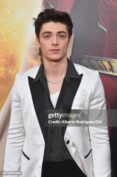 Asher Angel attends the premiere of Warner Bros.' "Shazam! Fury Of The Gods" at Regency Village Theatre on March 14, 2023 in Los Angeles, California.