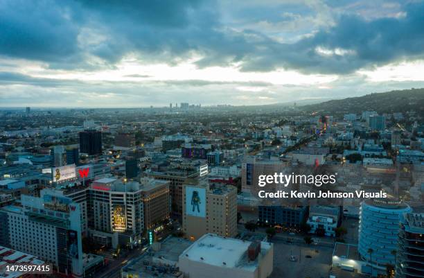 aerial view of hollywood, california after sunset looking west - vine street hollywood stock pictures, royalty-free photos & images