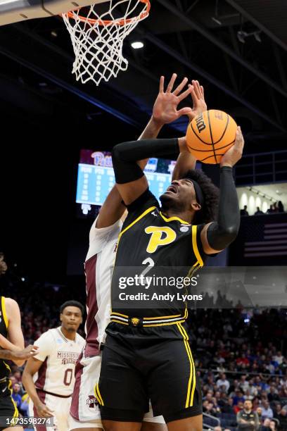 Blake Hinson of the Pittsburgh Panthers shoots the ball against the Mississippi State Bulldogs during the first half in the First Four game of the...