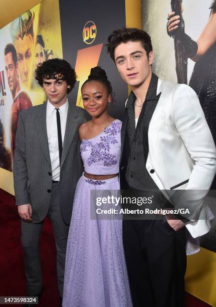 Jack Dylan Grazer, Faithe Herman and Asher Angel attend the premiere of Warner Bros.' "Shazam! Fury Of The Gods" at Regency Village Theatre on March...