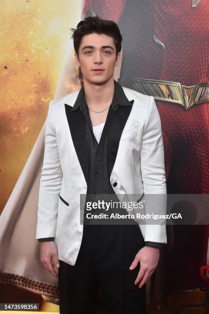 Asher Angel attends the premiere of Warner Bros.' "Shazam! Fury Of The Gods" at Regency Village Theatre on March 14, 2023 in Los Angeles, California.