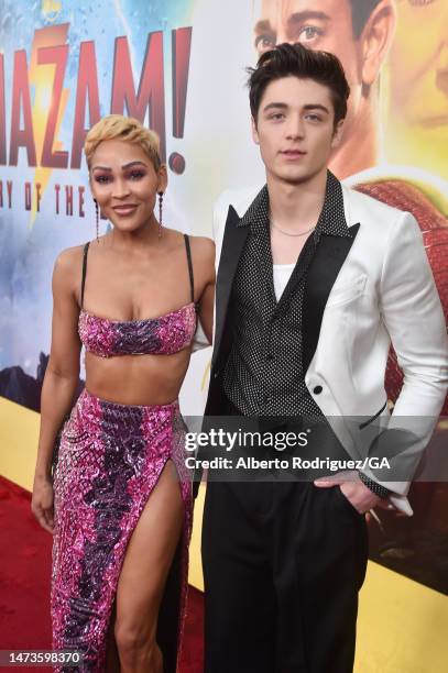 Meagan Good and Asher Angel attend the premiere of Warner Bros.' "Shazam! Fury Of The Gods" at Regency Village Theatre on March 14, 2023 in Los...