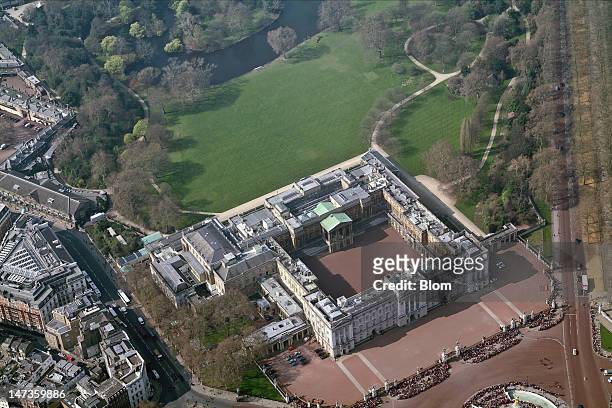 An aerial image of Buckingham Palace, London