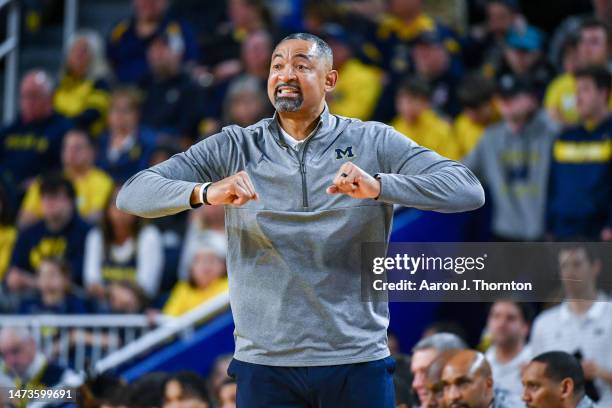 Head Coach Juwan Howard of the Michigan Wolverines reacts to a play during the second half of a NIT college basketball first round game against the...