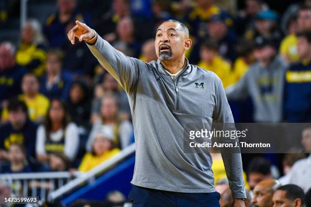 Head Coach Juwan Howard of the Michigan Wolverines reacts to a play during the second half of a NIT college basketball first round game against the...