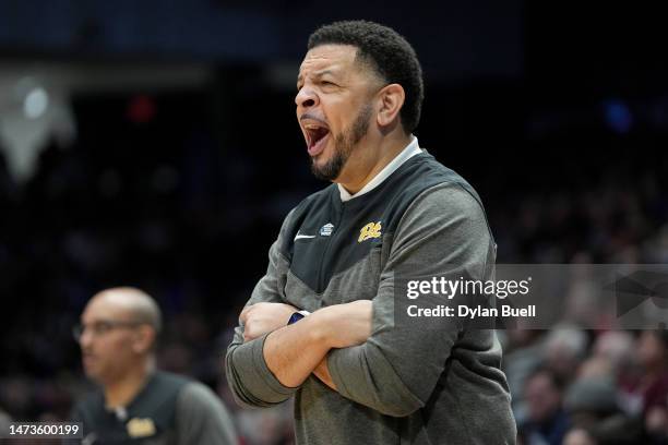 Head coach Jeff Capel III of the Pittsburgh Panthers reacts against the Mississippi State Bulldogs during the first half in the First Four game of...