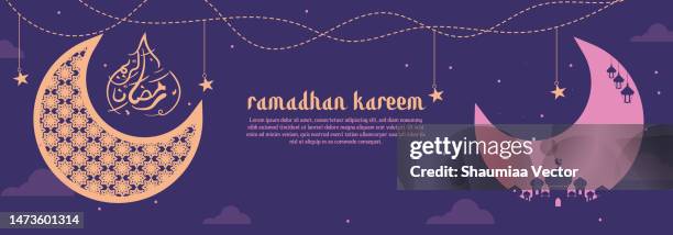 ramadan kareem greeting banner template vector with gold and purple blue colours - arabic calligraphy stock illustrations