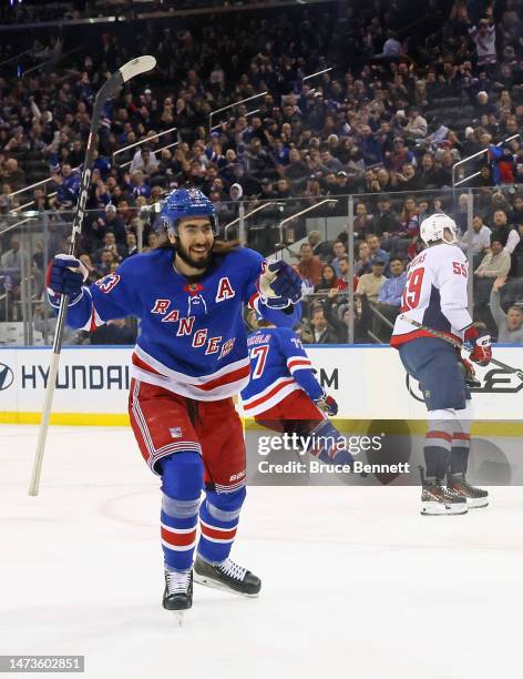Mika Zibanejad of the New York Rangers celebrates a first period goal against the Washington Capitals at Madison Square Garden on March 14, 2023 in...