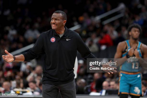 Head coach Dwane Casey of the Detroit Pistons reacts to a call in the second half against the Washington Wizards at Capital One Arena on March 14,...