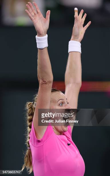 Petra Kvitova of Czech Republic celebrates defeating Jessica Pegula of USA during BNP Paribas Open on March 14, 2023 in Indian Wells, California.