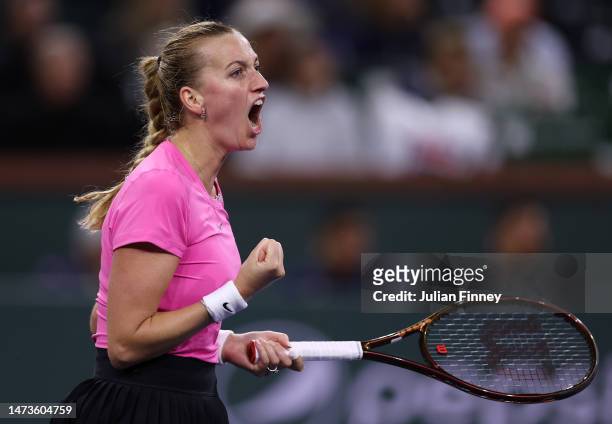 Petra Kvitova of Czech Republic celebrates winning a game against Jessica Pegula of USA during BNP Paribas Open on March 14, 2023 in Indian Wells,...