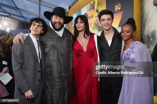 Jack Dylan Grazer, Cooper Andrews, Marta Milans, Asher Angel and Faithe Herman attend the premiere of Warner Bros.' "Shazam! Fury Of The Gods" at...