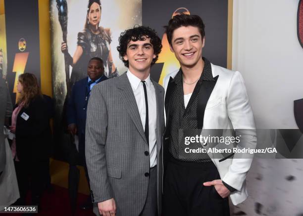 Jack Dylan Grazer and Asher Angel attend the premiere of Warner Bros.' "Shazam! Fury Of The Gods" at Regency Village Theatre on March 14, 2023 in Los...