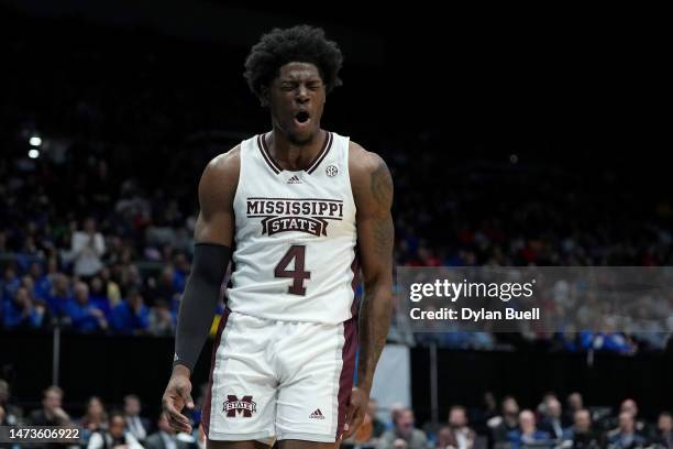 Cameron Matthews of the Mississippi State Bulldogs reacts after a foul against the Pittsburgh Panthers during the second half in the First Four game...