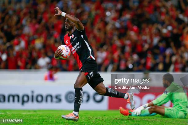 Julian Quiñones of Atlas celebrates after scoring the team's first goal during the round of 16 second leg match between Atlas and Olimpia as part of...