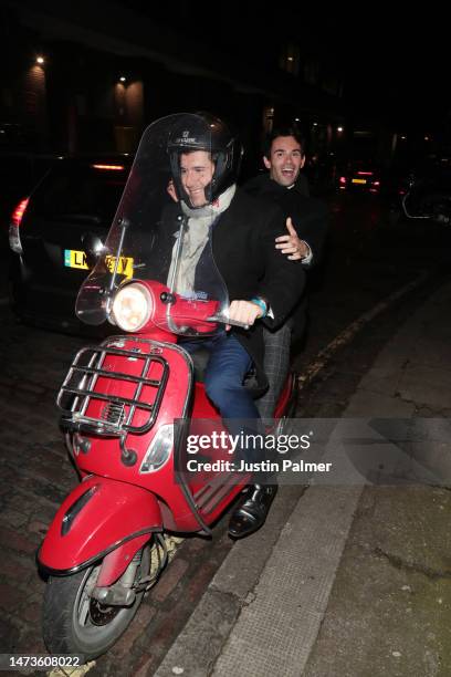 Mark-Francis Vandelli seen getting a lift on the back of a friend's scooter, without wearing a helmet, while leaving The Chiltern Firehouse on March...