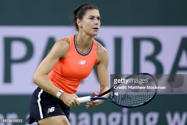 Sorana Cirstea of Romania plays Caroline Garcia of France during the BNP Paribas Open at the Indian Wells Tennis Garden on March 14, 2023 in Indian...