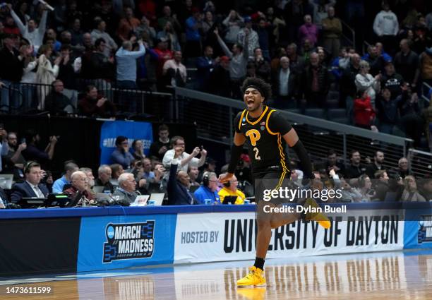 Blake Hinson of the Pittsburgh Panthers celebrates after defeating the Mississippi State Bulldogs in the First Four game of the NCAA Men's Basketball...