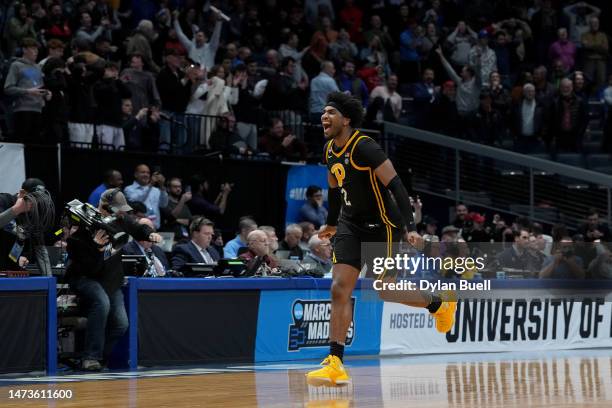 Blake Hinson of the Pittsburgh Panthers celebrates after defeating the Mississippi State Bulldogs in the First Four game of the NCAA Men's Basketball...