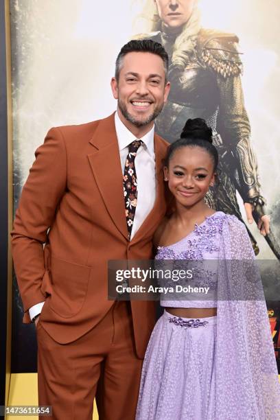 Zachary Levi and Faithe Herman attend the Los Angeles premiere of Warner Bros.' "Shazam! Fury Of The Gods" at Regency Village Theatre on March 14,...