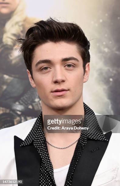 Asher Angel attends the Los Angeles premiere of Warner Bros.' "Shazam! Fury Of The Gods" at Regency Village Theatre on March 14, 2023 in Los Angeles,...
