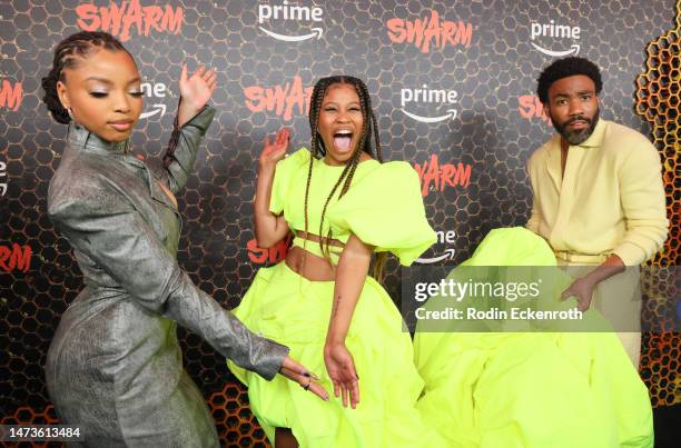 Chloe Bailey, Dominique Fishback, and Donald Glover attend the Los Angeles premiere of Prime Video's "Swarm" at Lighthouse Artspace LA on March 14,...