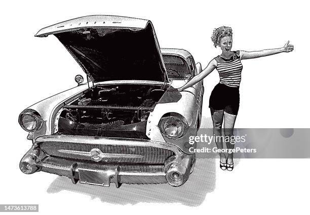 retro 1950's woman and collector's car on road trip - vintage car stock illustrations