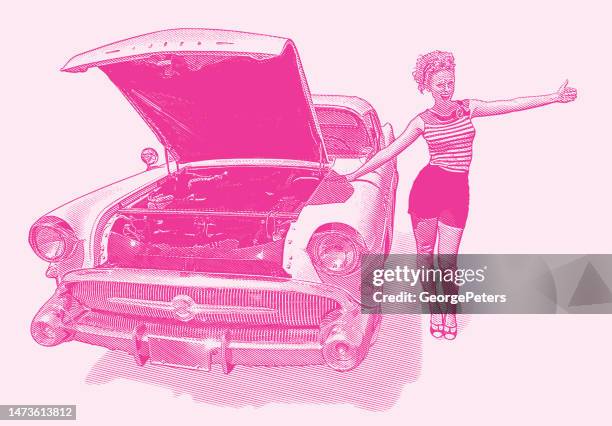 retro 1950's woman und collector's car auf roadtrip - hitzefrei stock-grafiken, -clipart, -cartoons und -symbole