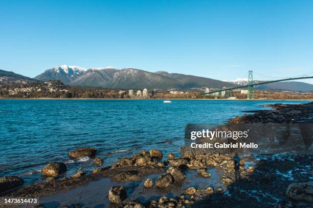 pov of lions gate bridge in vancouver - vancouver lions gate stock pictures, royalty-free photos & images