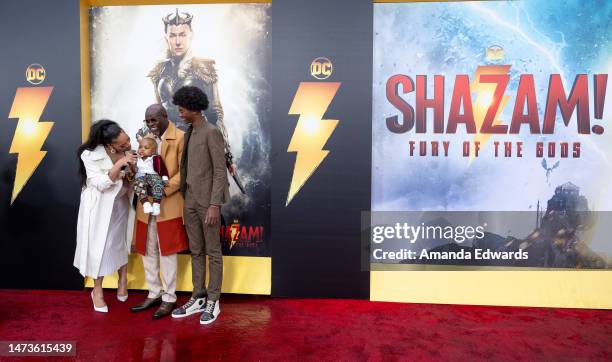 Ri'za Marie, Fela Hounsou, Djimon Hounsou and Kenzo Lee Hounsou attend the Los Angeles Premiere of Warner Bros.' "Shazam! Fury Of The Gods" at the...