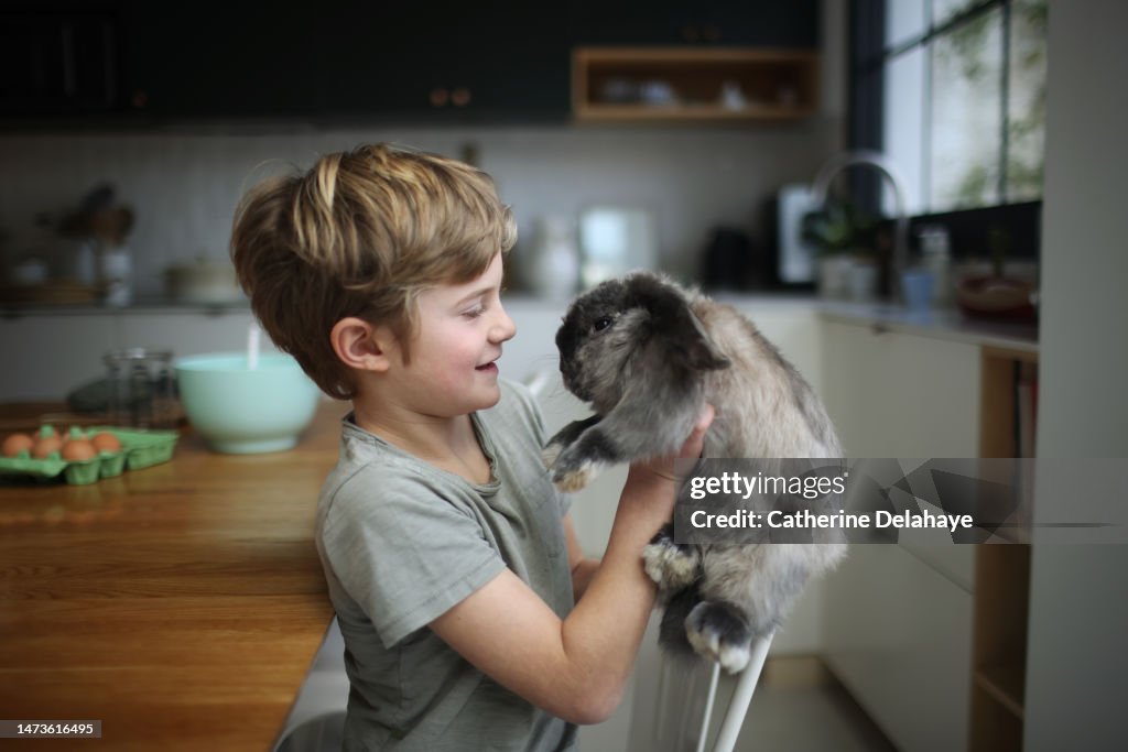 A little boy cuddling his rabbit at home