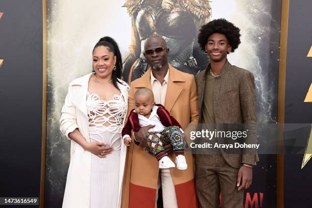 Ri'za Marie, Fela Hounsou, Djimon Hounsou and Kenzo Lee Hounsou attend the Los Angeles premiere of Warner Bros.' "Shazam! Fury Of The Gods" at...