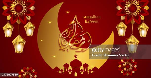 ramadan kareem greeting banner template vector with red and gold colours - arabic calligraphy stock illustrations