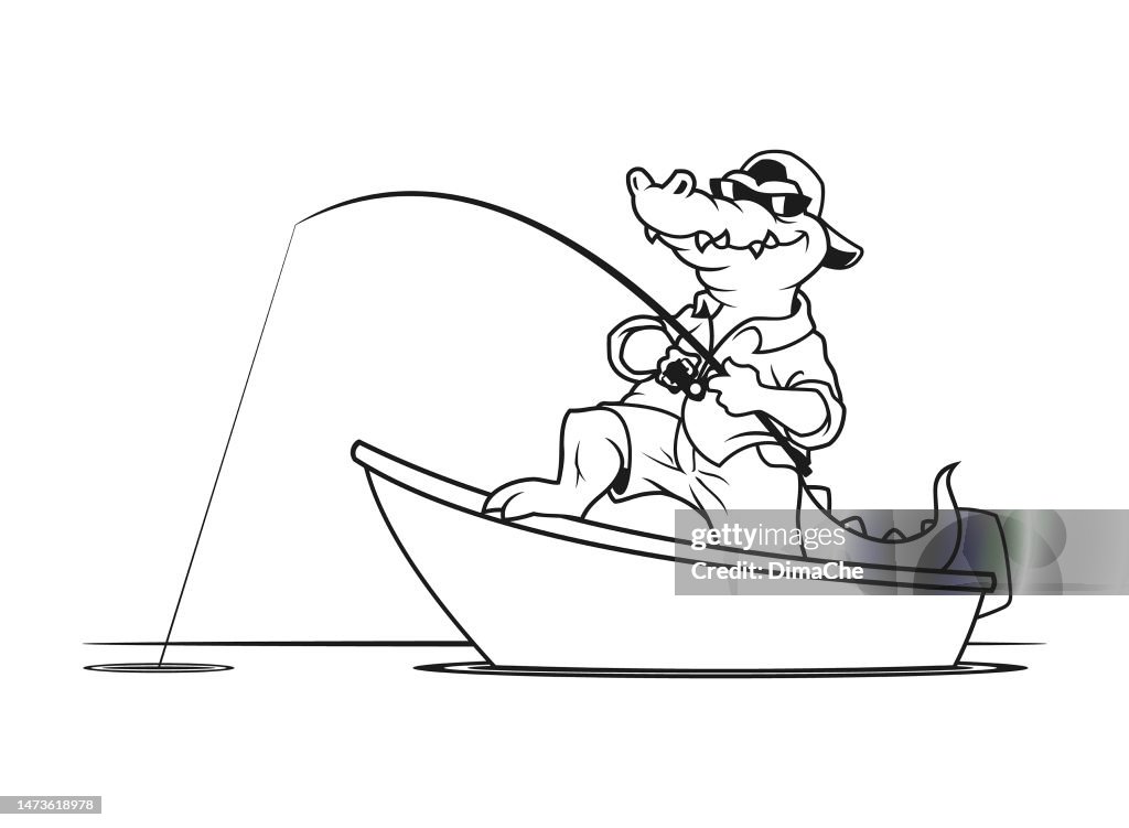 Vector Croc Fishhing Alligator Crocodile Fishing On A Boat Outline Silhouette High-Res ...