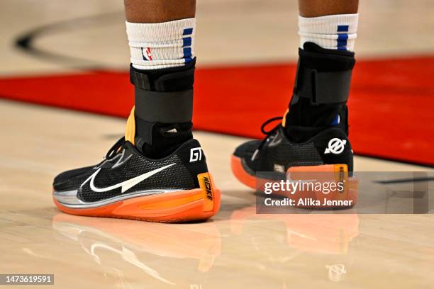 The shoes worn by Mitchell Robinson of the New York Knicks during the game against the Portland Trail Blazers at Moda Center on March 14, 2023 in...