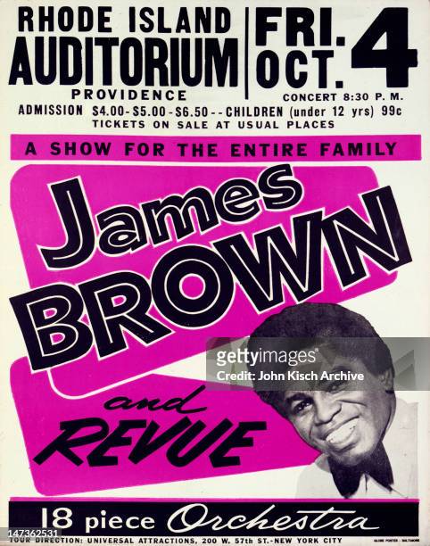 Music concert poster advertises live performance of singer James Brown and revue, 1963.