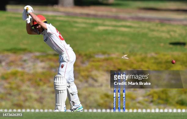 Nathan McSweeney of the Redbacks bowled by Chris Tremain of the Blues during the Sheffield Shield match between South Australia and New South Wales...
