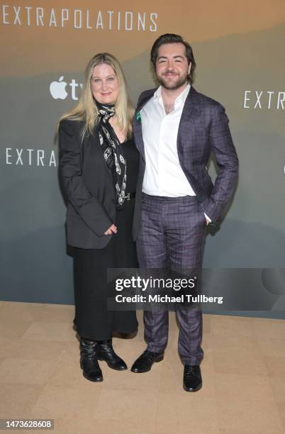 Marcy Wudarski and Michael Gandolfini attend the red carpet premiere of the Apple Original Series "Extrapolations" at Hammer Museum on March 14, 2023...