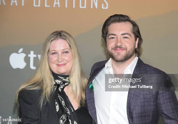 Marcy Wudarski and Michael Gandolfini attend the red carpet premiere of the Apple Original Series "Extrapolations" at Hammer Museum on March 14, 2023...