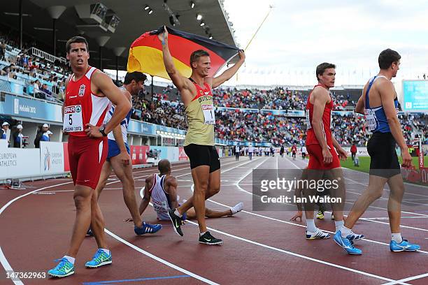 Pascal Behrenbruch of Germany celebrates winning the Men's Decathlon during day two of the 21st European Athletics Championships at the Olympic...