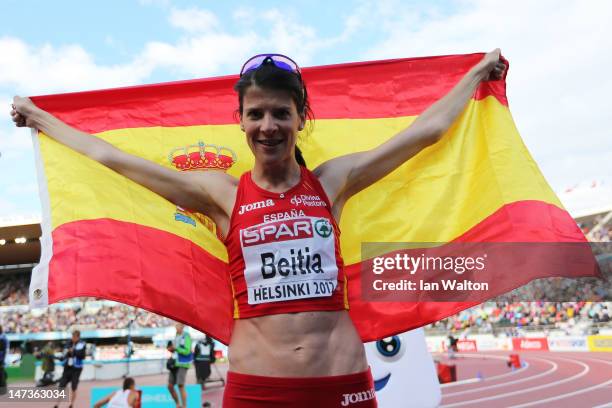 Ruth Beitia of Spain celebrates winning gold in the Women's High Jump Final during day two of the 21st European Athletics Championships at the...